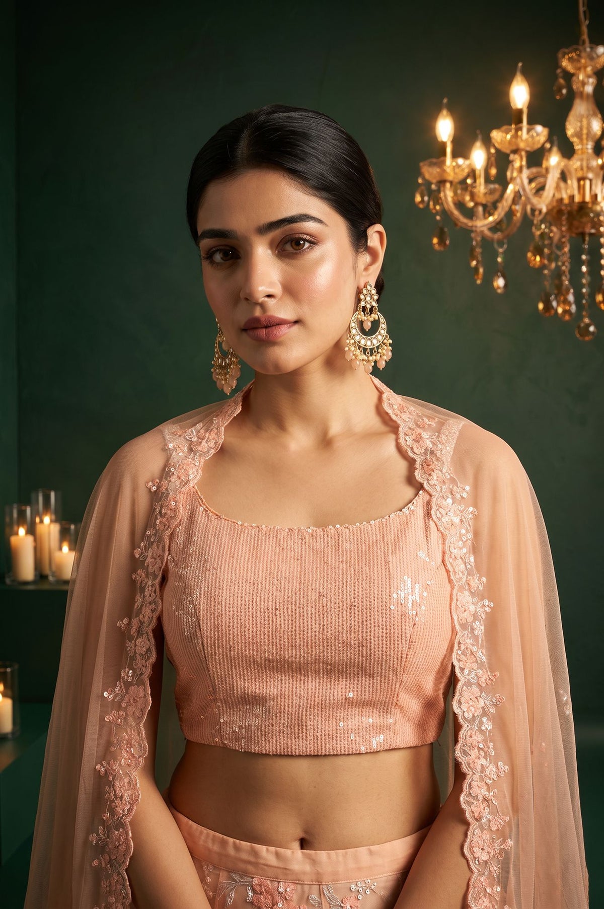 Peach Sequins Embroidered Sleeveless Blouse with Skirt and Cape Set