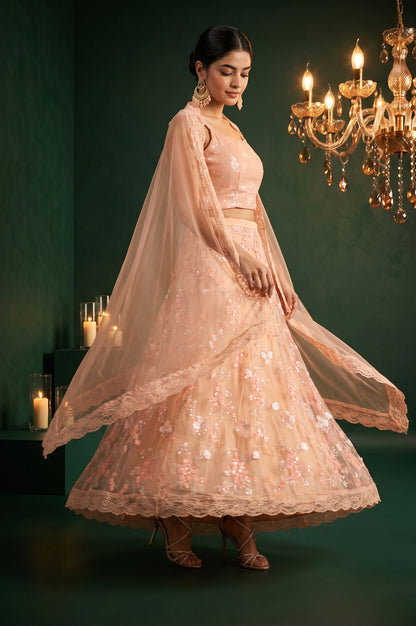 Peach Sequins Embroidered Sleeveless Blouse with Skirt and Cape Set