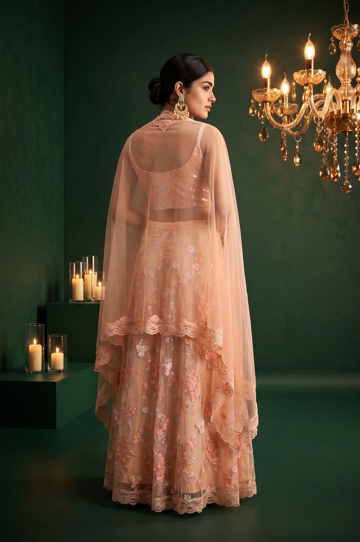Peach Sequins Embroidered Sleeveless Blouse with Skirt and Cape Set