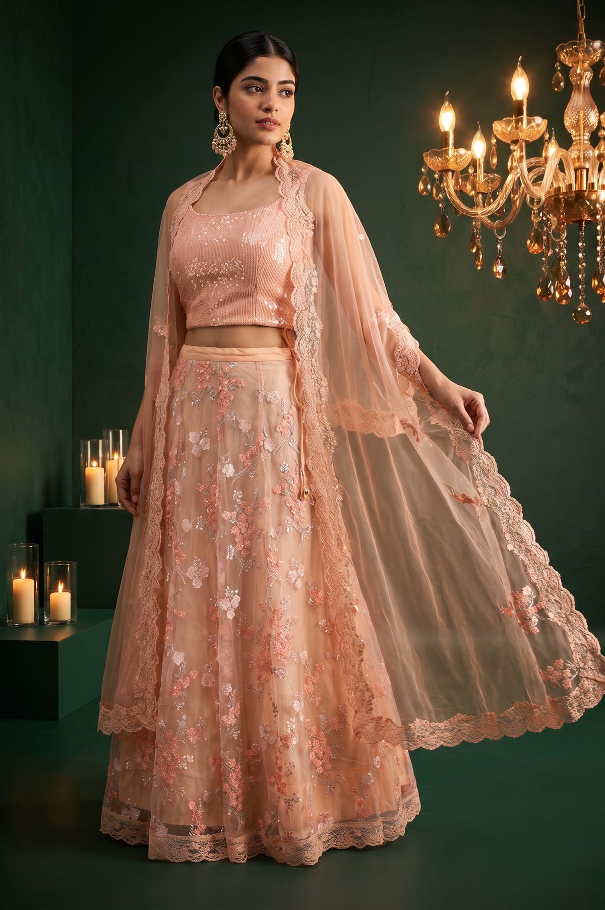 Peach Sequins Embroidered Sleeveless Blouse with Skirt and Cape Set