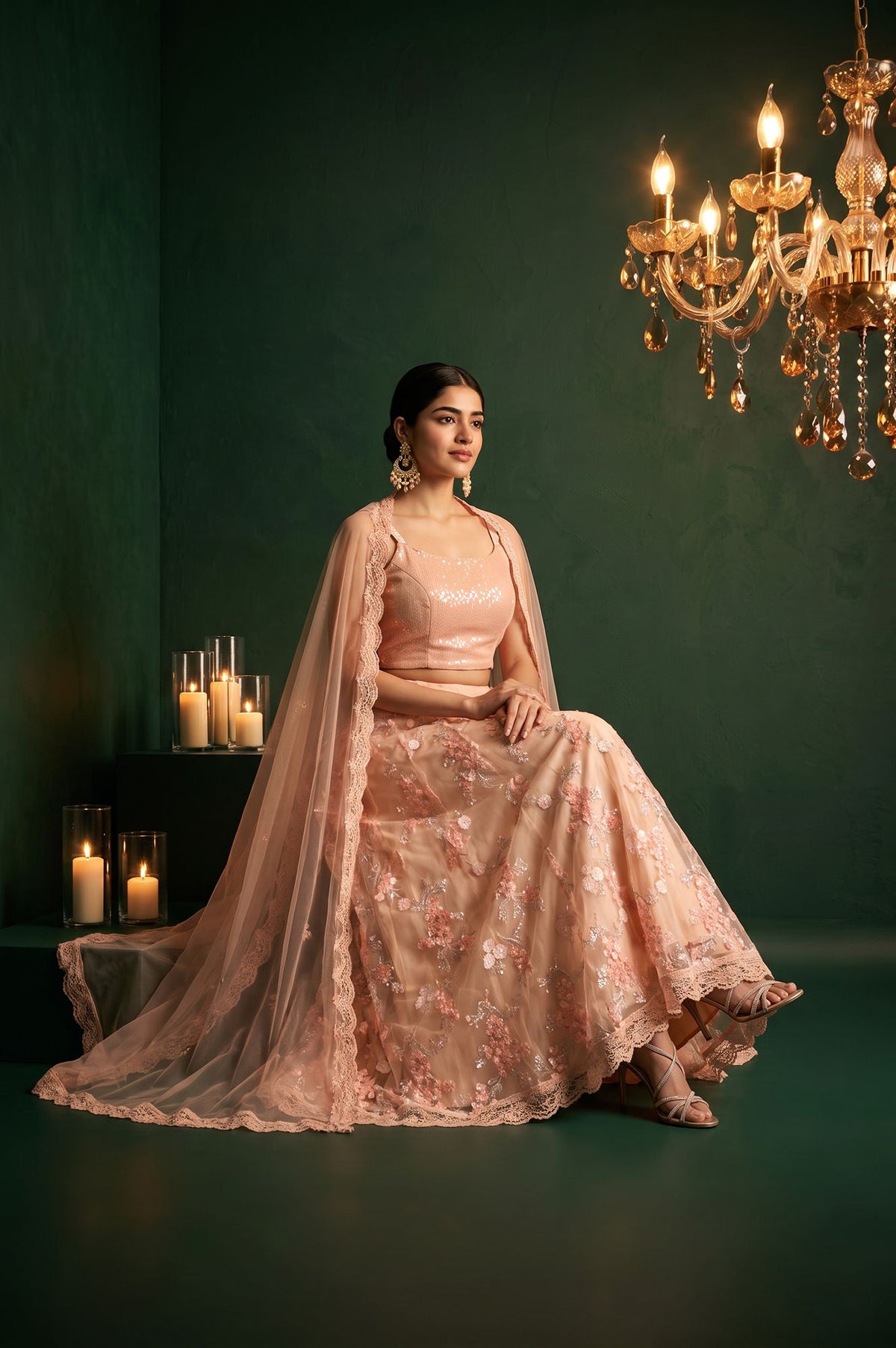 Peach Sequins Embroidered Sleeveless Blouse with Skirt and Cape Set