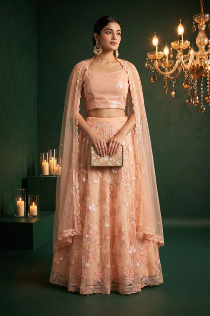 Peach Sequins Embroidered Sleeveless Blouse with Skirt and Cape Set