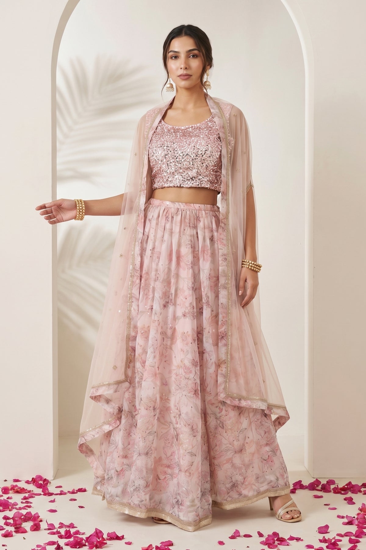Pink Sequin Sleeveless Blouse And Lehenga Set with Cape