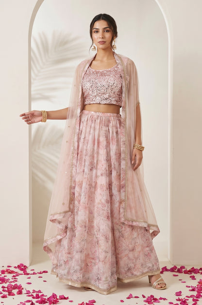 Pink Sequin Sleeveless Blouse And Lehenga Set with Cape test