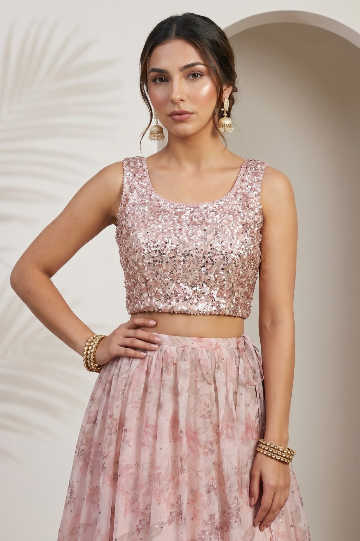 Pink Sequin Sleeveless Blouse And Lehenga Set with Cape test