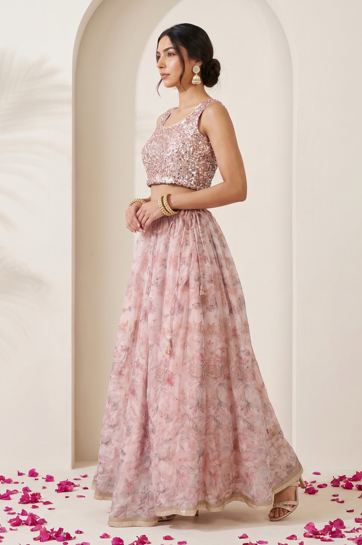 Pink Sequin Sleeveless Blouse And Lehenga Set with Cape test