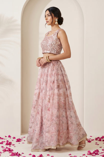Pink Sequin Sleeveless Blouse And Lehenga Set with Cape test