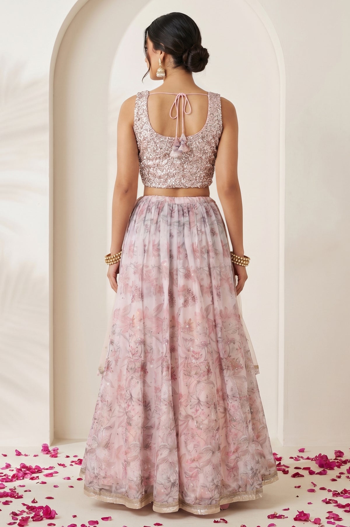 Pink Sequin Sleeveless Blouse And Lehenga Set with Cape test