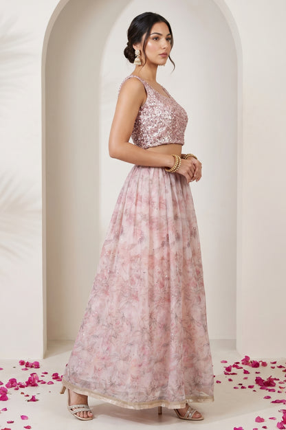 Pink Sequin Sleeveless Blouse And Lehenga Set with Cape test