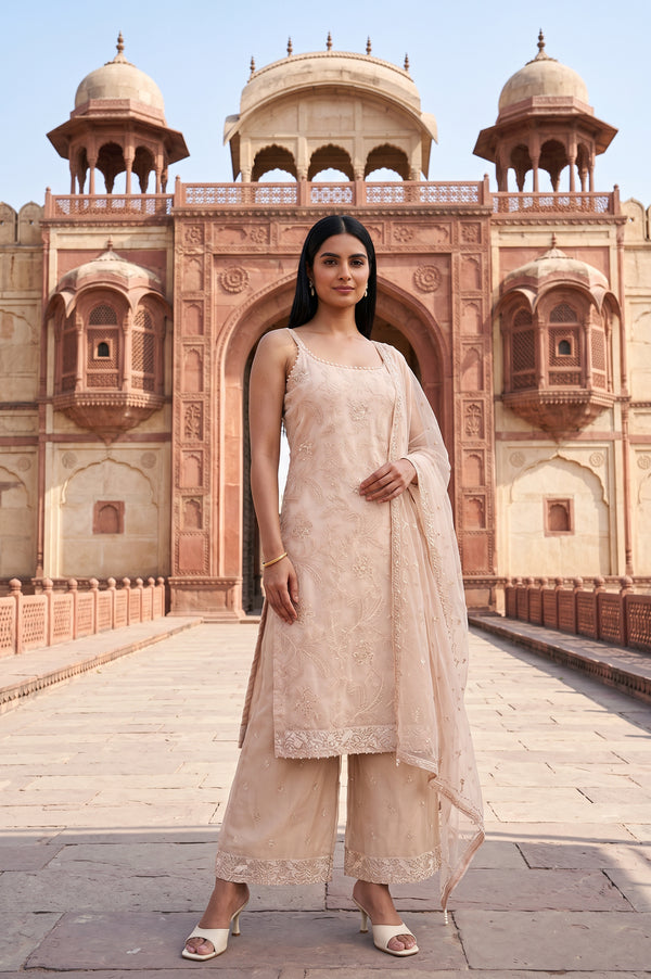 Beige Embroidered Organza Straight Kurta With Parallel Pants and Dupatta Set