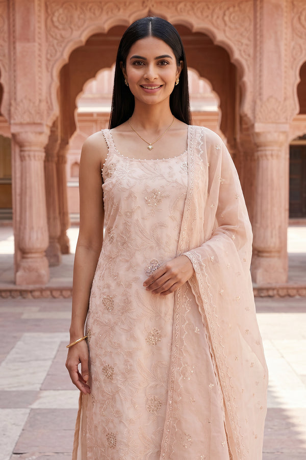 Beige Embroidered Organza Straight Kurta With Parallel Pants and Dupatta Set