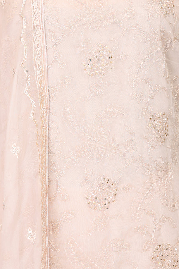 Beige Embroidered Organza Straight Kurta With Parallel Pants and Dupatta Set