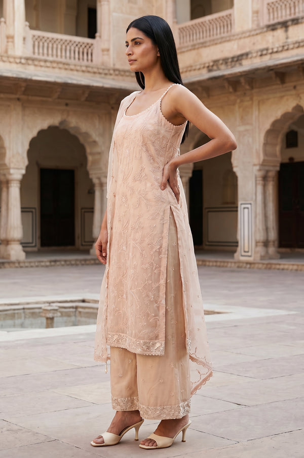 Beige Embroidered Organza Straight Kurta With Parallel Pants and Dupatta Set