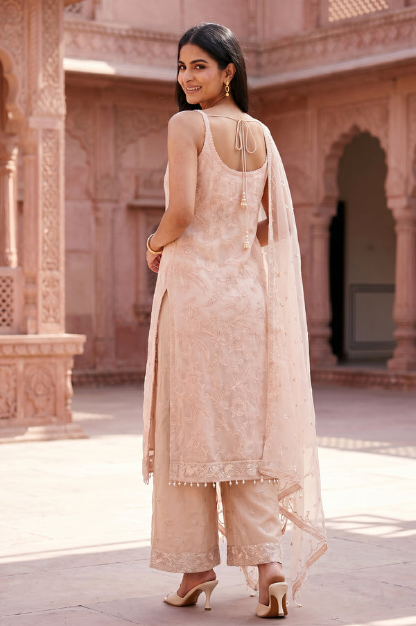 Beige Embroidered Organza Straight Kurta With Parallel Pants and Dupatta Set