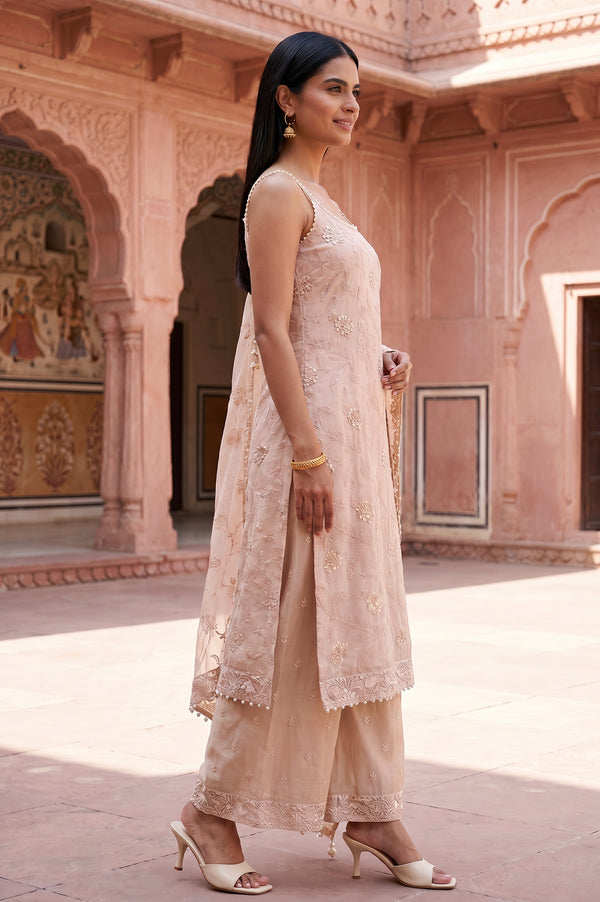 Beige Embroidered Organza Straight Kurta With Parallel Pants and Dupatta Set