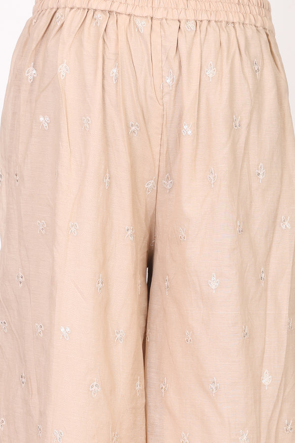Beige Embroidered Organza Straight Kurta With Parallel Pants and Dupatta Set