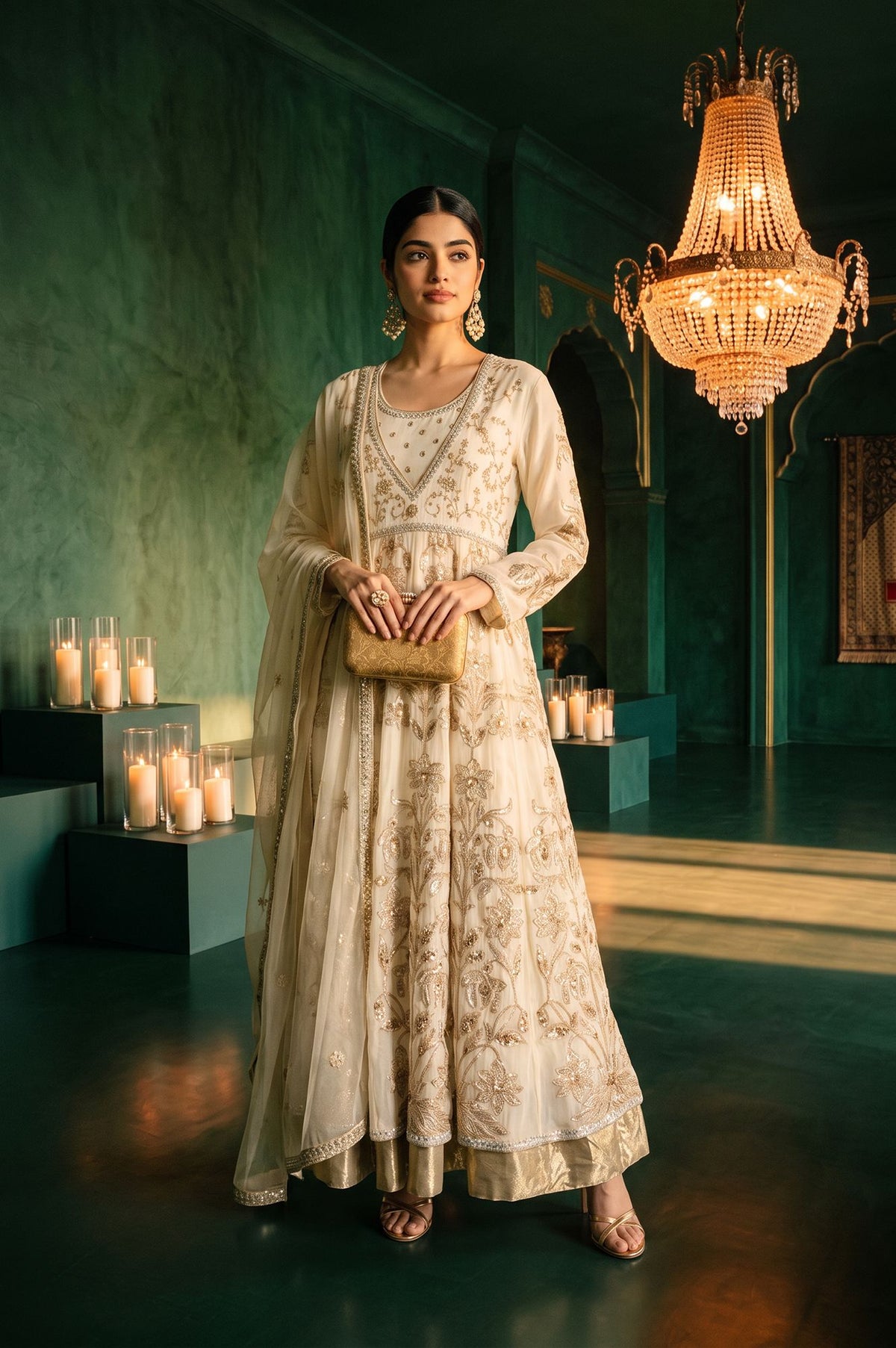 Wishful Off White Zari Embroidered Chanderi Flared Dress with Churidar and Dupatta Set