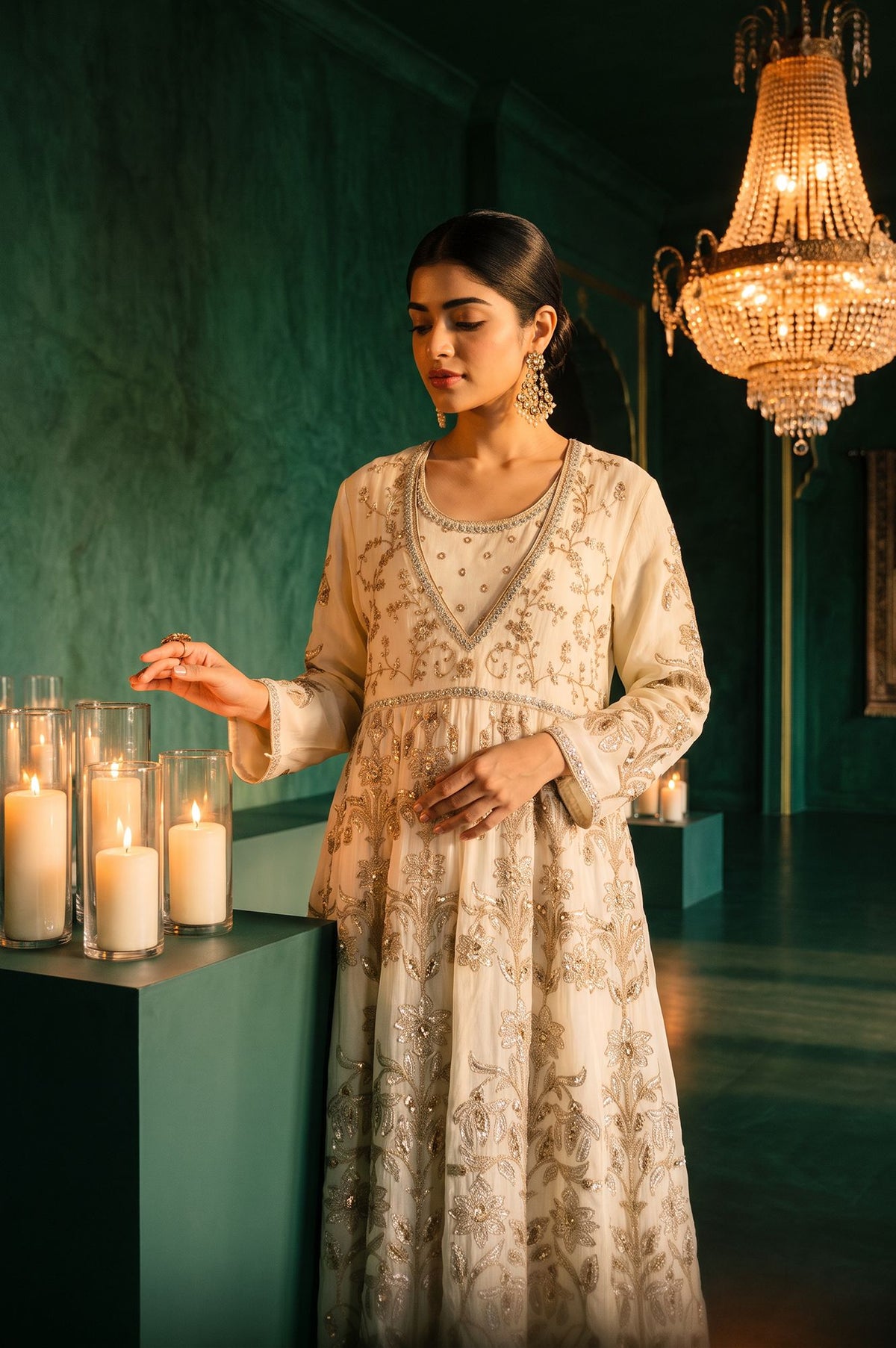 Wishful Off White Zari Embroidered Chanderi Flared Dress with Churidar and Dupatta Set