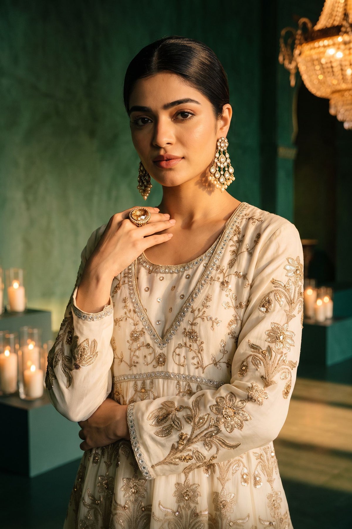 Wishful Off White Zari Embroidered Chanderi Flared Dress with Churidar and Dupatta Set