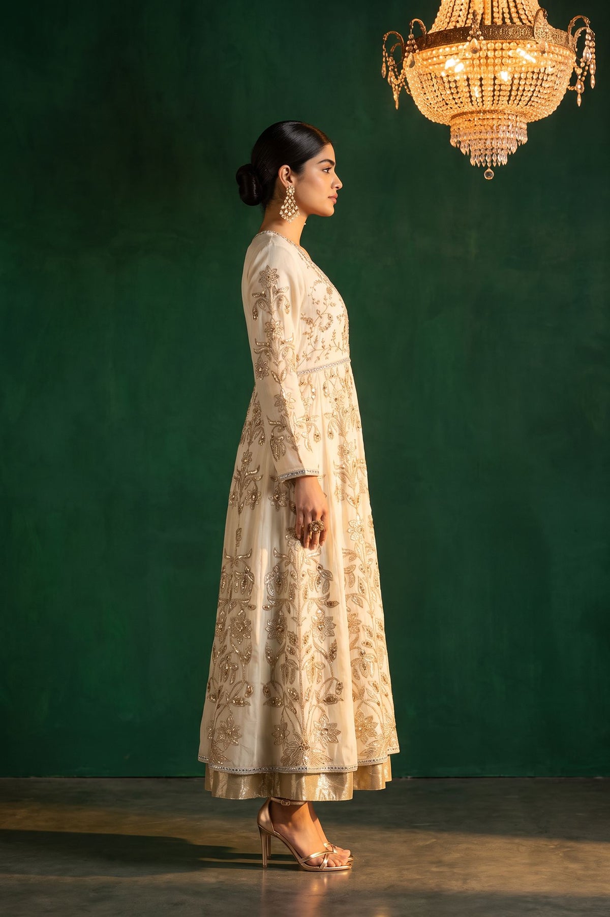Wishful Off White Zari Embroidered Chanderi Flared Dress with Churidar and Dupatta Set