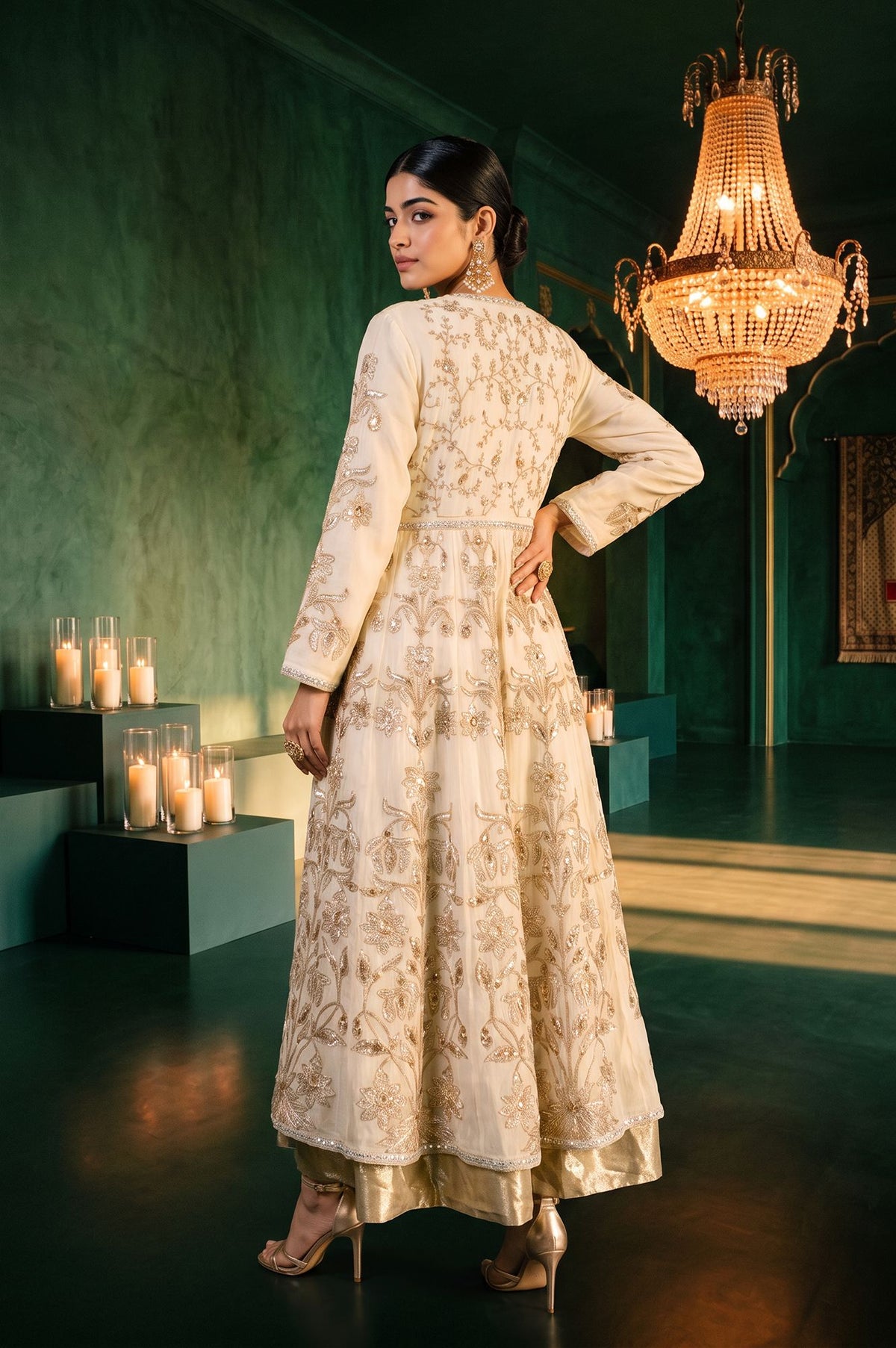Wishful Off White Zari Embroidered Chanderi Flared Dress with Churidar and Dupatta Set