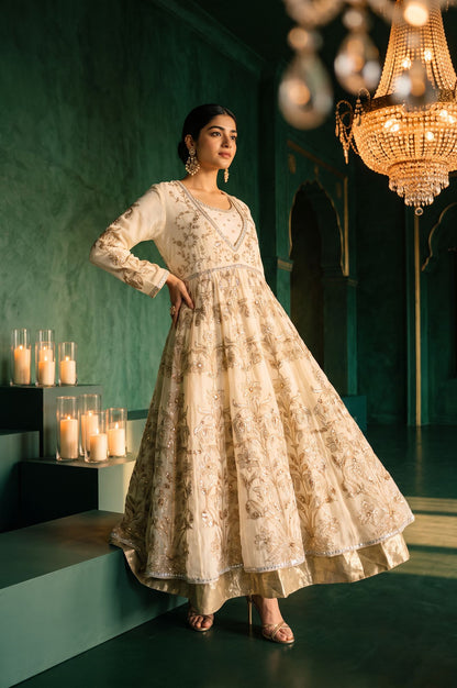 Wishful Off White Zari Embroidered Chanderi Flared Dress with Churidar and Dupatta Set
