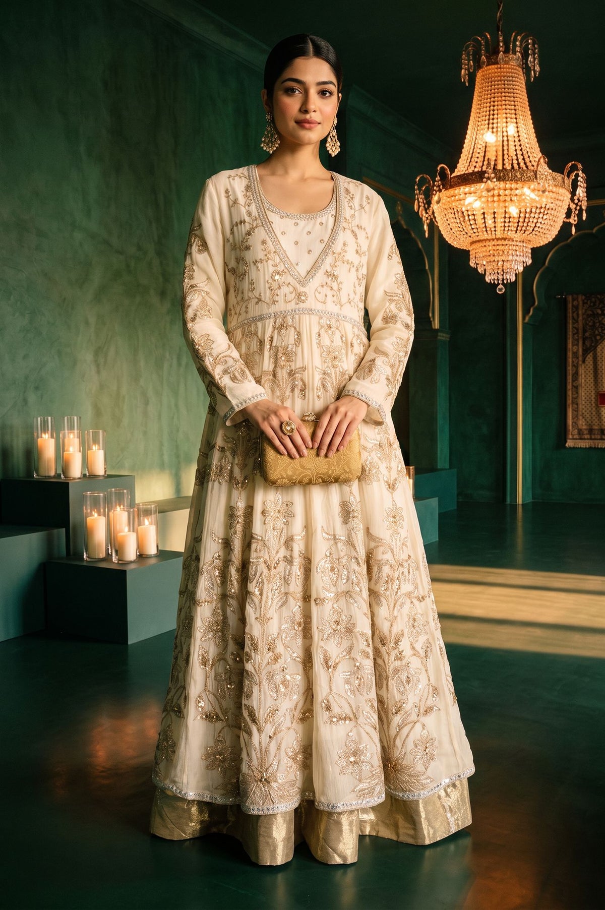 Wishful Off White Zari Embroidered Chanderi Flared Dress with Churidar and Dupatta Set