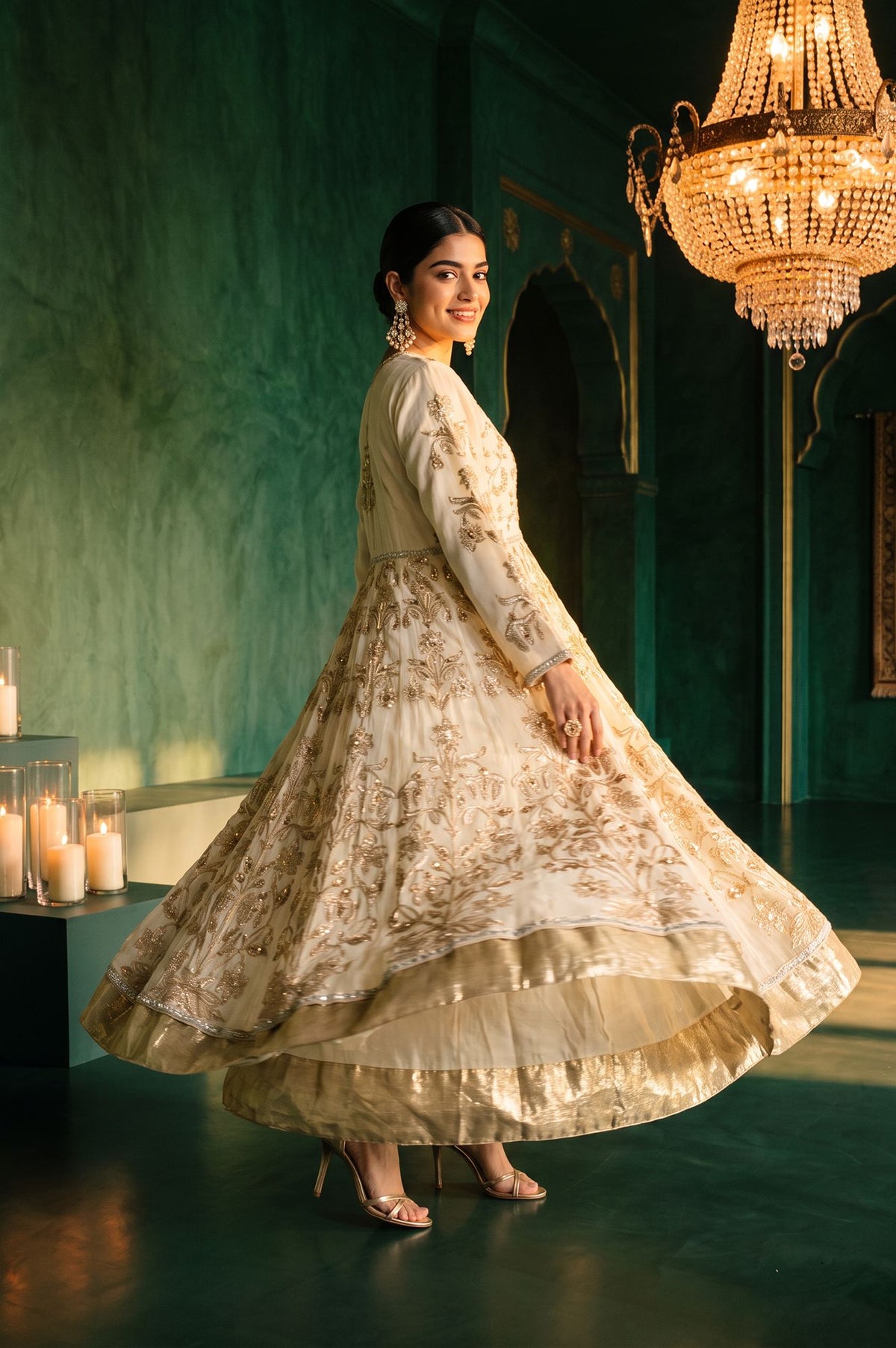 Wishful Off White Zari Embroidered Chanderi Flared Dress with Churidar and Dupatta Set