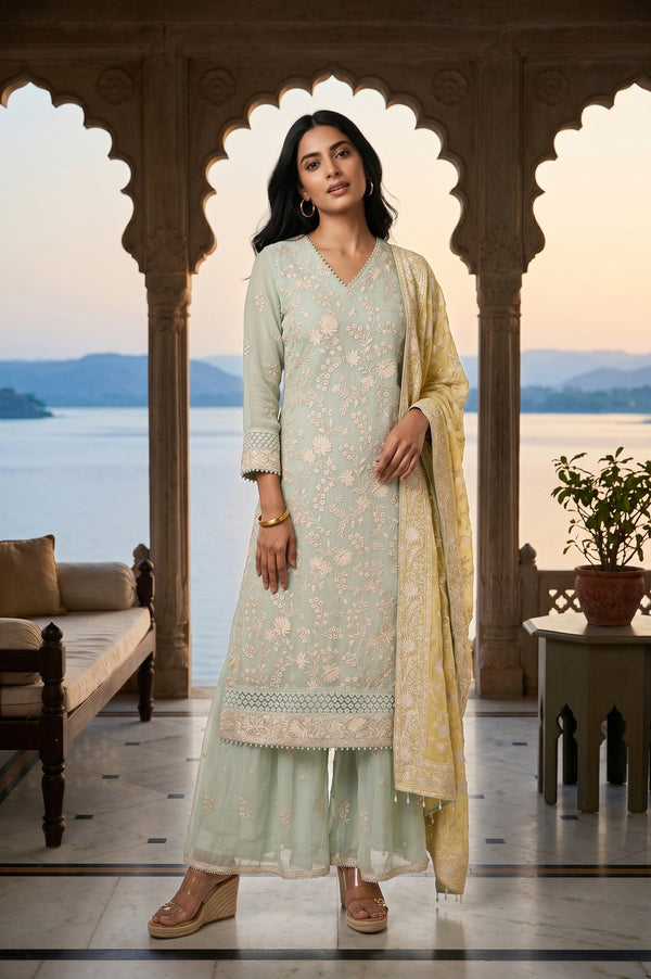 Mint Green Embroidered Straight Organza Kurta With Palazzo And Dupatta Set