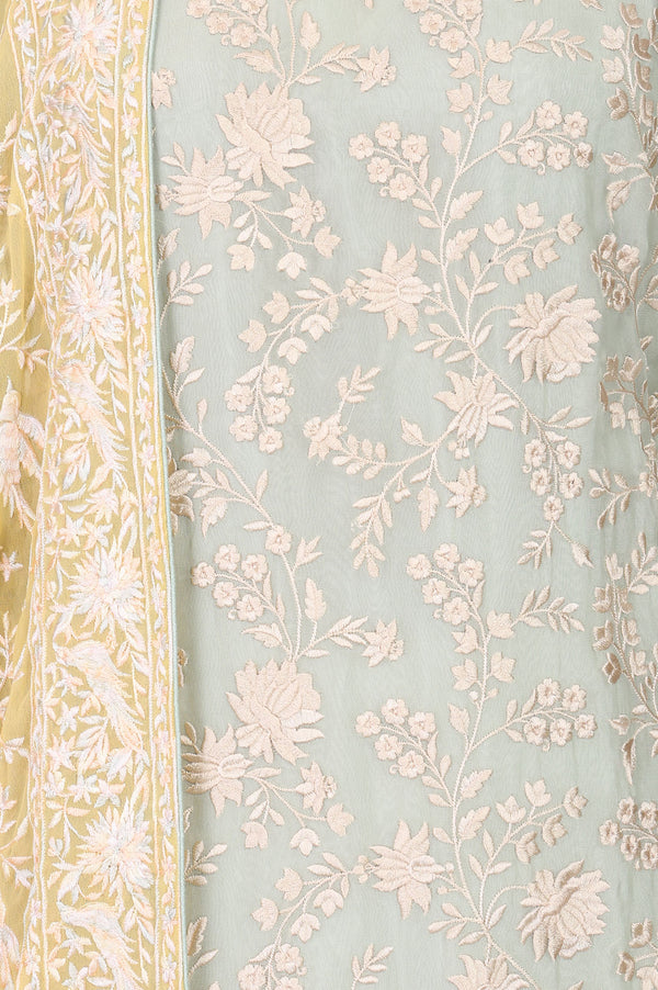 Mint Green Embroidered Straight Organza Kurta With Palazzo And Dupatta Set