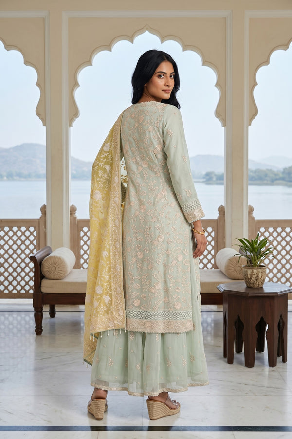 Mint Green Embroidered Straight Organza Kurta With Palazzo And Dupatta Set
