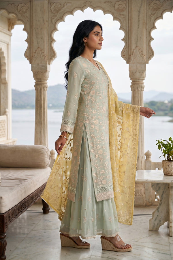 Mint Green Embroidered Straight Organza Kurta With Palazzo And Dupatta Set
