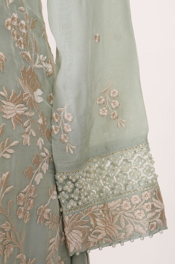 Mint Green Embroidered Straight Organza Kurta With Palazzo And Dupatta Set