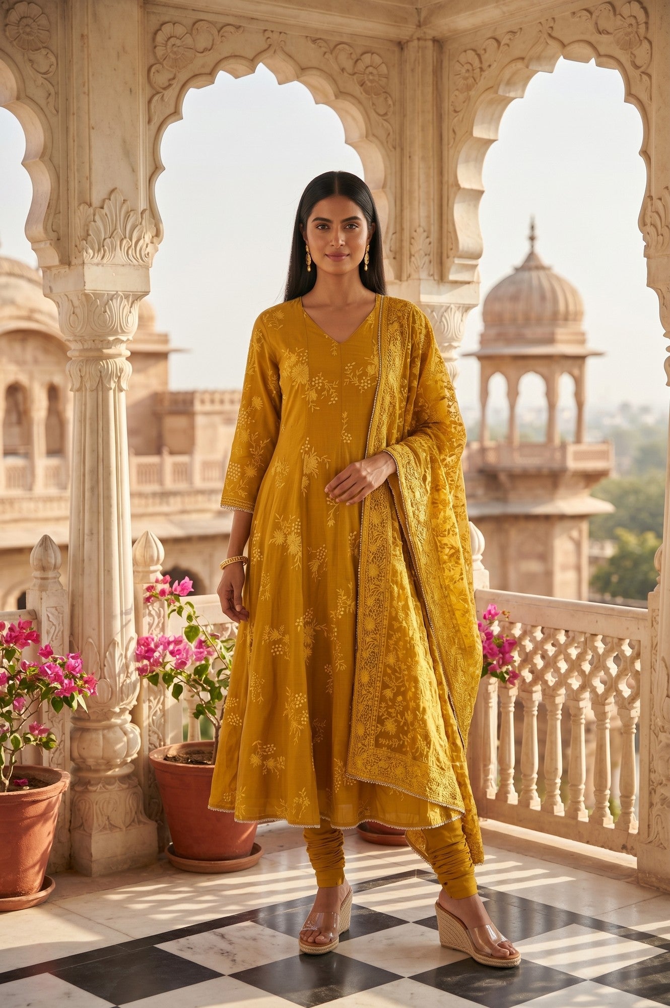 Mustard Thread Embroidered Cotton Chanderi Anarkali Kurta With Churidar And Dupatta Set