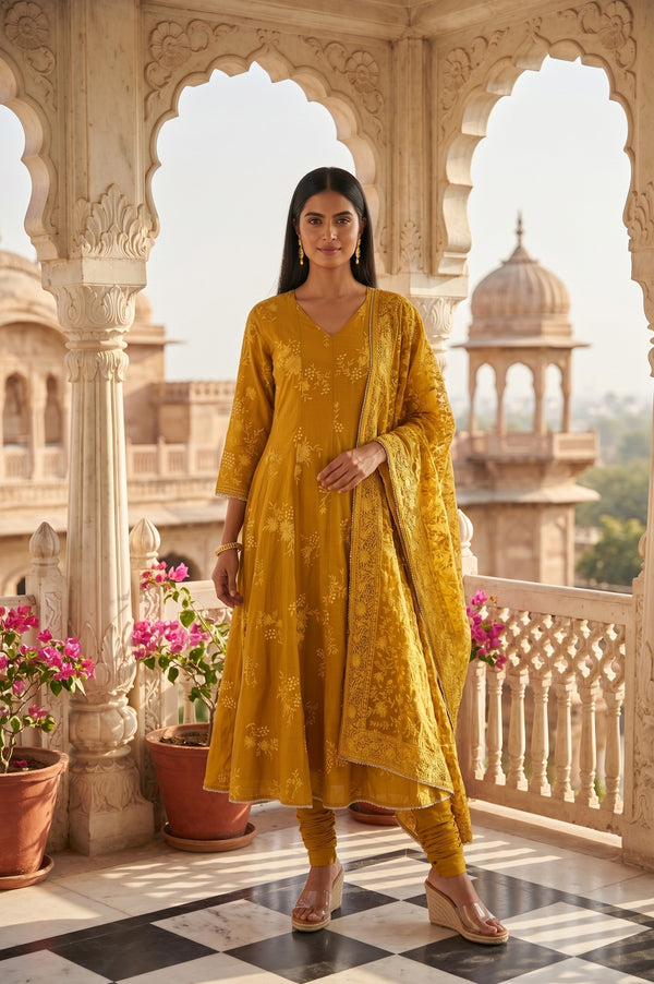Mustard Thread Embroidered Cotton Chanderi Anarkali Kurta With Churidar And Dupatta Set