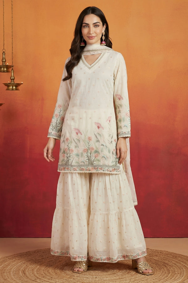 Off White Thread Embroidered Chanderi Straight Kurta with Sharara and Dupatta Set
