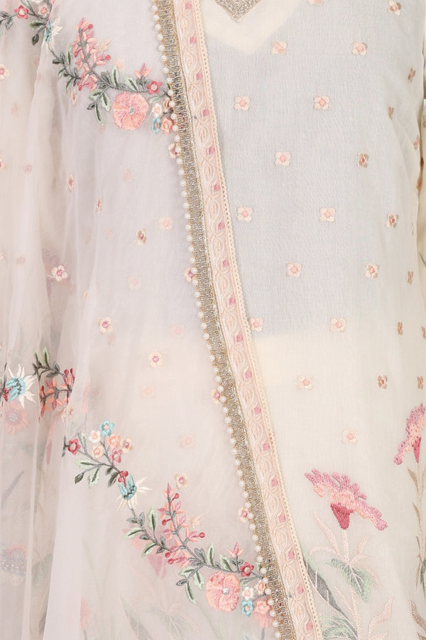Off White Thread Embroidered Chanderi Straight Kurta with Sharara and Dupatta Set