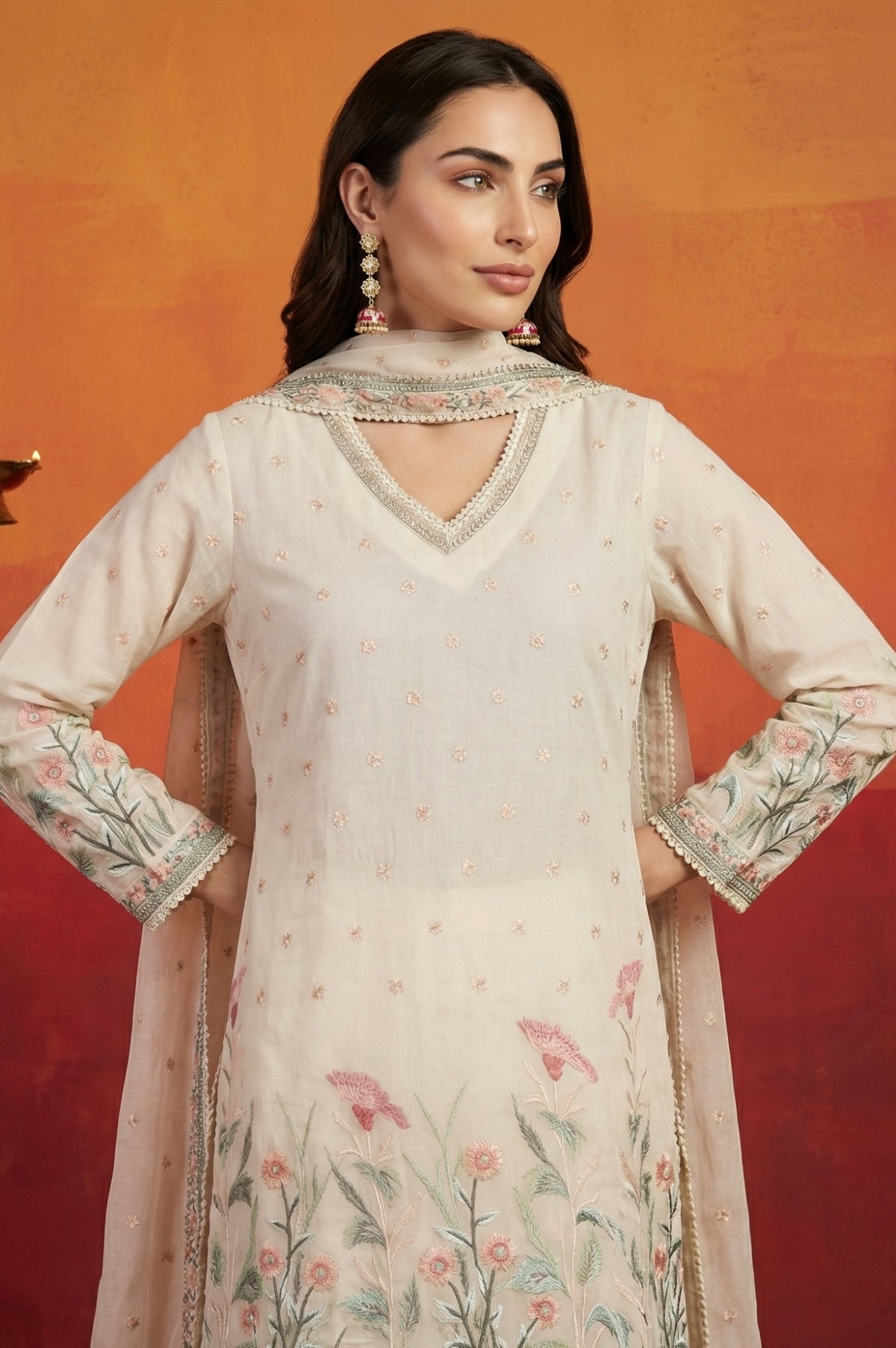 Off White Thread Embroidered Chanderi Straight Kurta with Sharara and Dupatta Set