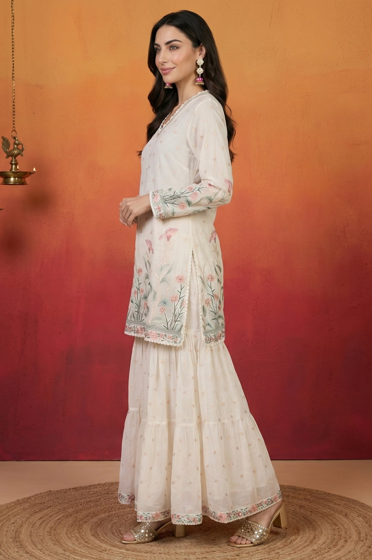 Off White Thread Embroidered Chanderi Straight Kurta with Sharara and Dupatta Set