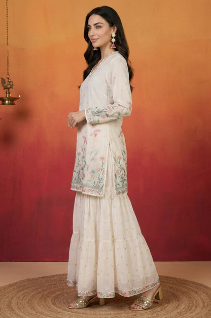 Off White Thread Embroidered Chanderi Straight Kurta with Sharara and Dupatta Set