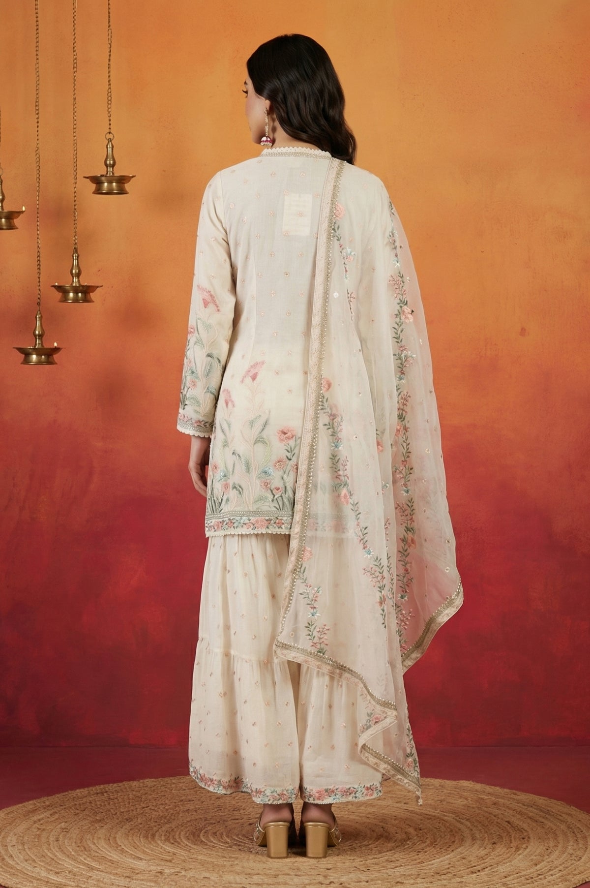Off White Thread Embroidered Chanderi Straight Kurta with Sharara and Dupatta Set