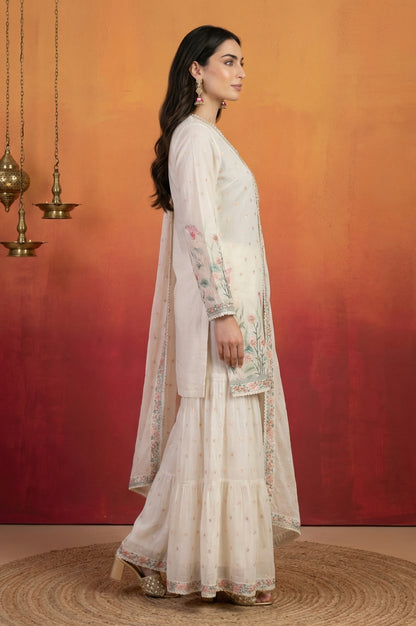 Off White Thread Embroidered Chanderi Straight Kurta with Sharara and Dupatta Set