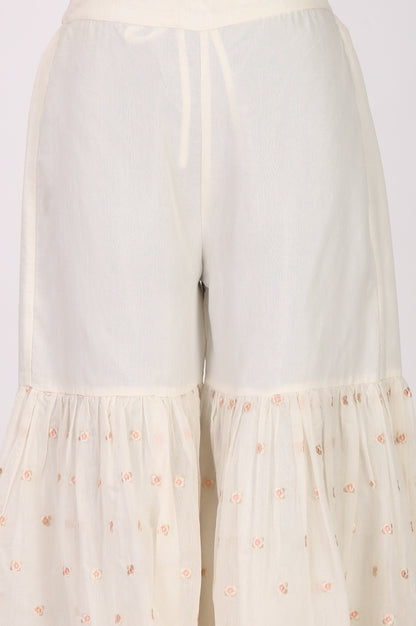 Off White Thread Embroidered Chanderi Straight Kurta with Sharara and Dupatta Set