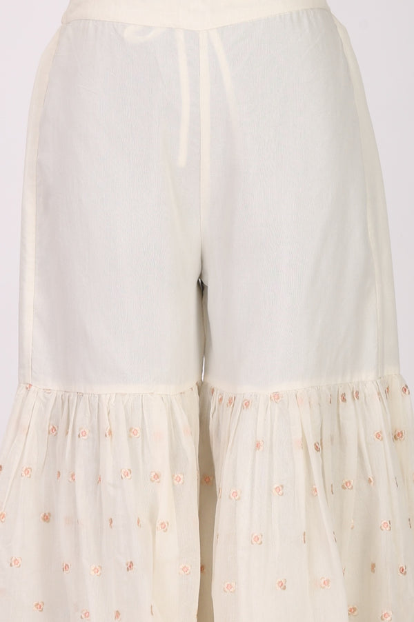 Off White Thread Embroidered Chanderi Straight Kurta with Sharara and Dupatta Set