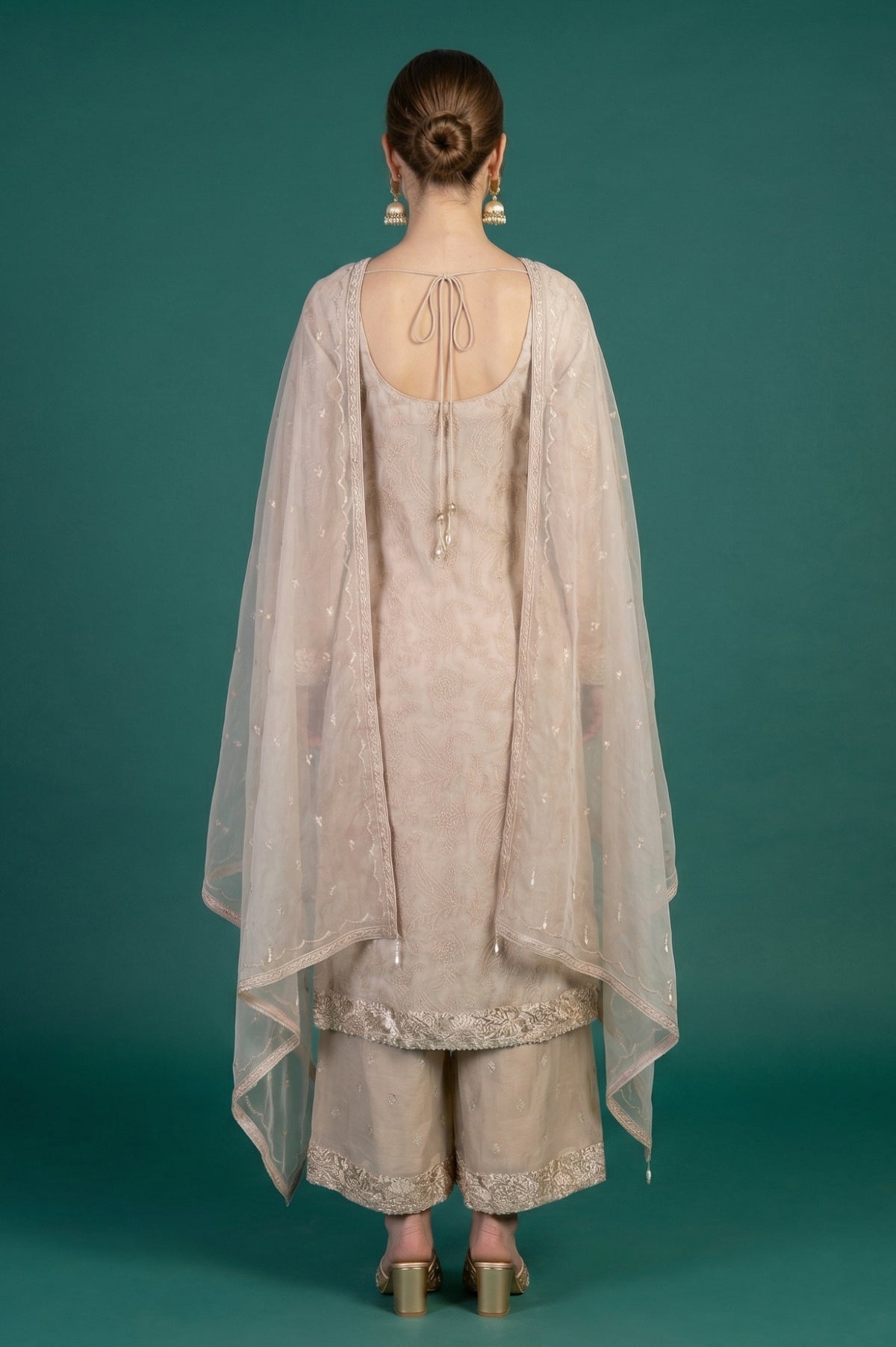 Beige Embroidered Organza Straight Kurta with Parallel Pants and Dupatta Set