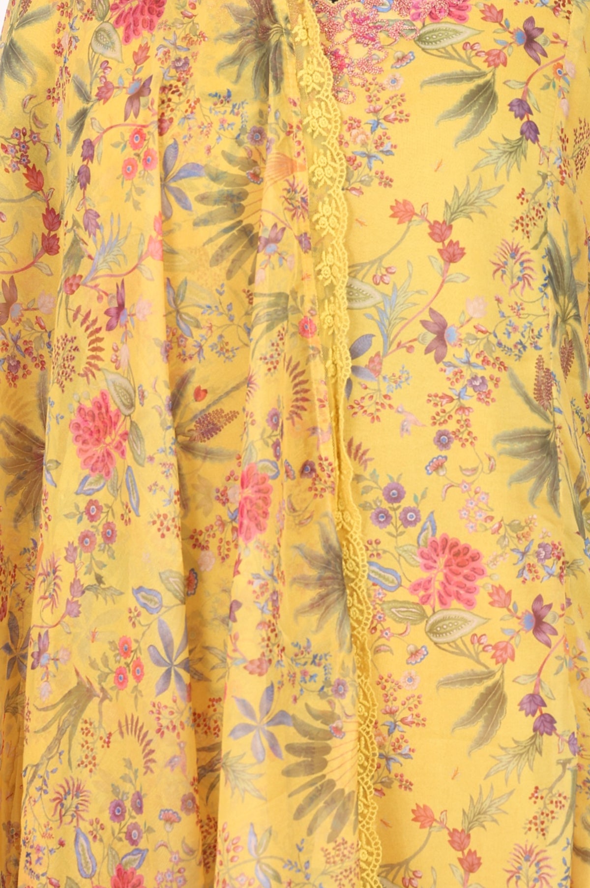 Yellow Floral Printed Organza Flared Kurta with Pants and Dupatta Set