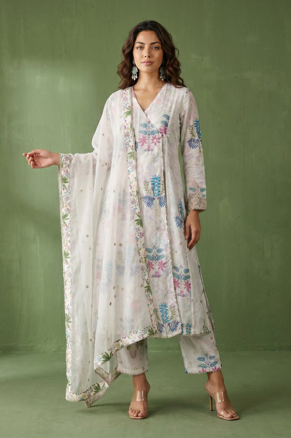 White Floral Printed Chanderi Angrakha Kurta with Pants and Dupatta Set