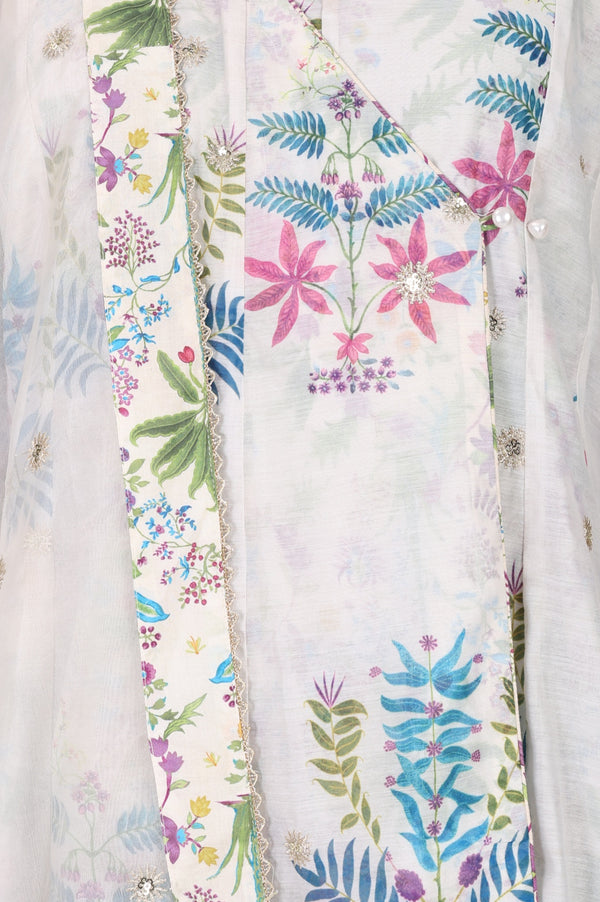 White Floral Printed Chanderi Angrakha Kurta with Pants and Dupatta Set