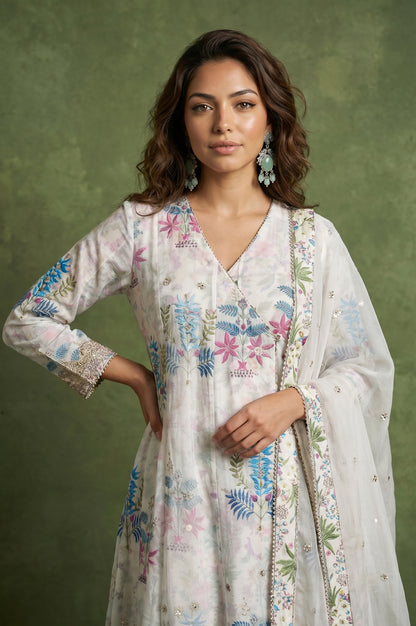 White Floral Printed Chanderi Angrakha Kurta with Pants and Dupatta Set
