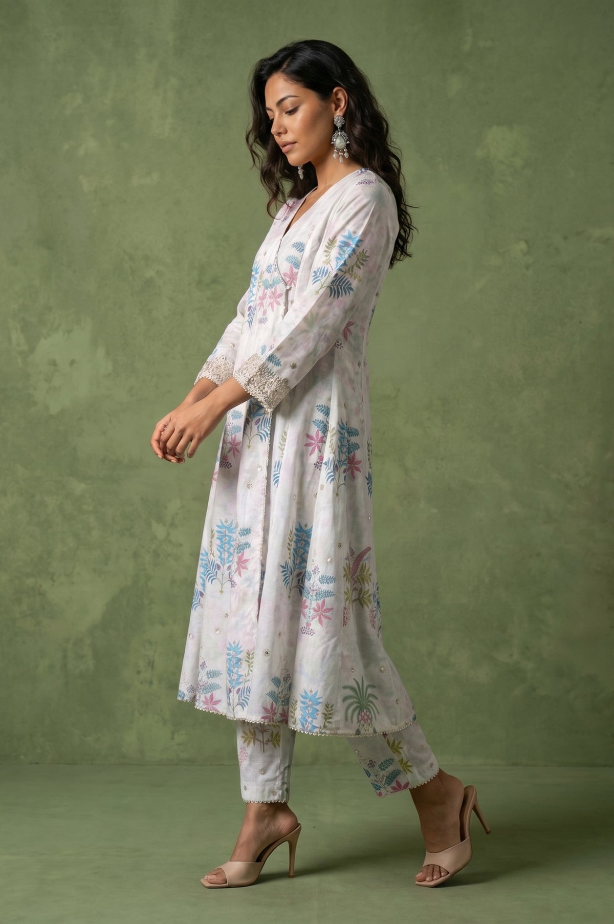 White Floral Printed Chanderi Angrakha Kurta with Pants and Dupatta Set